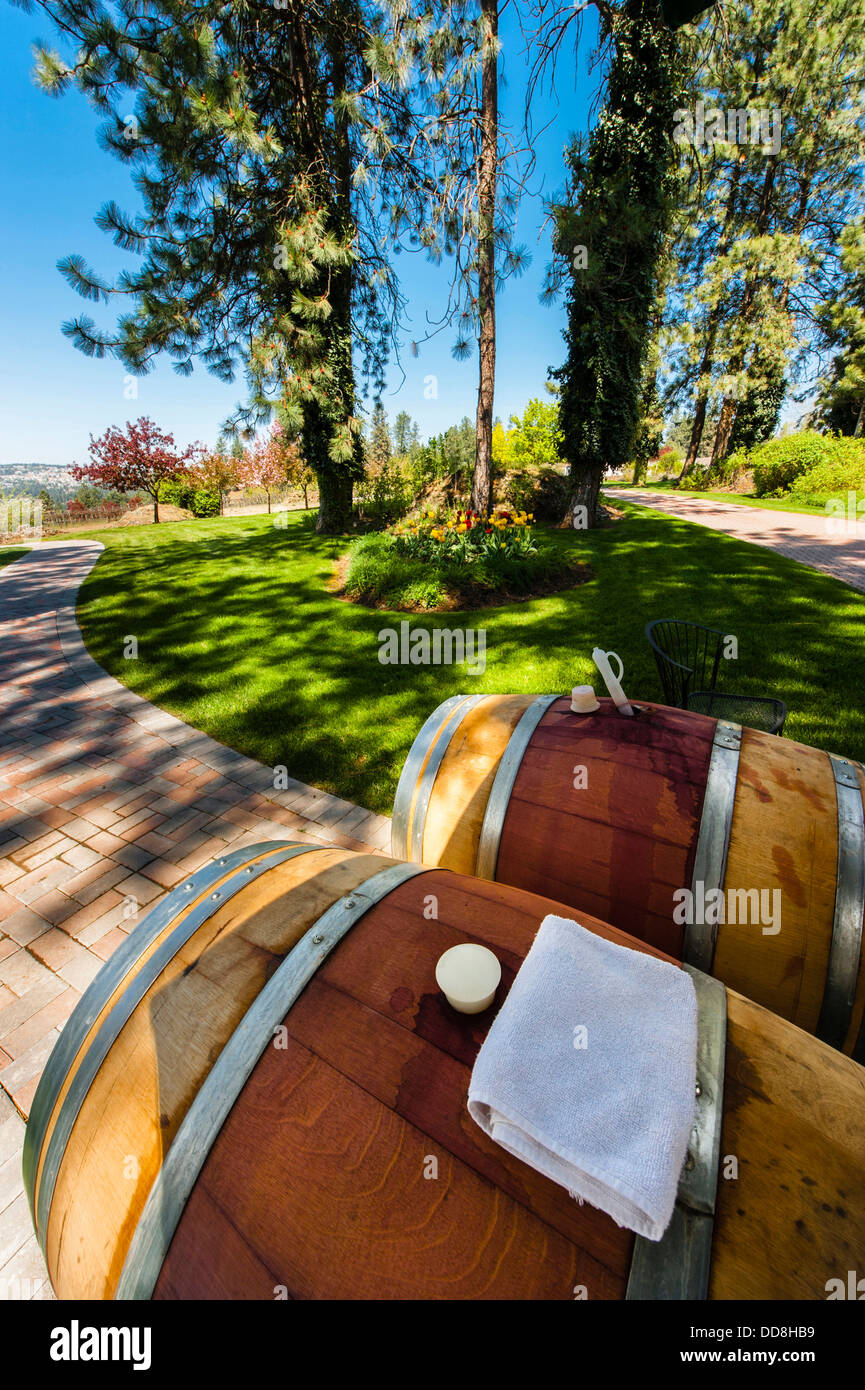 USA, Washington, Spokane. Spring barrel tasting at Arbor Crest Wine