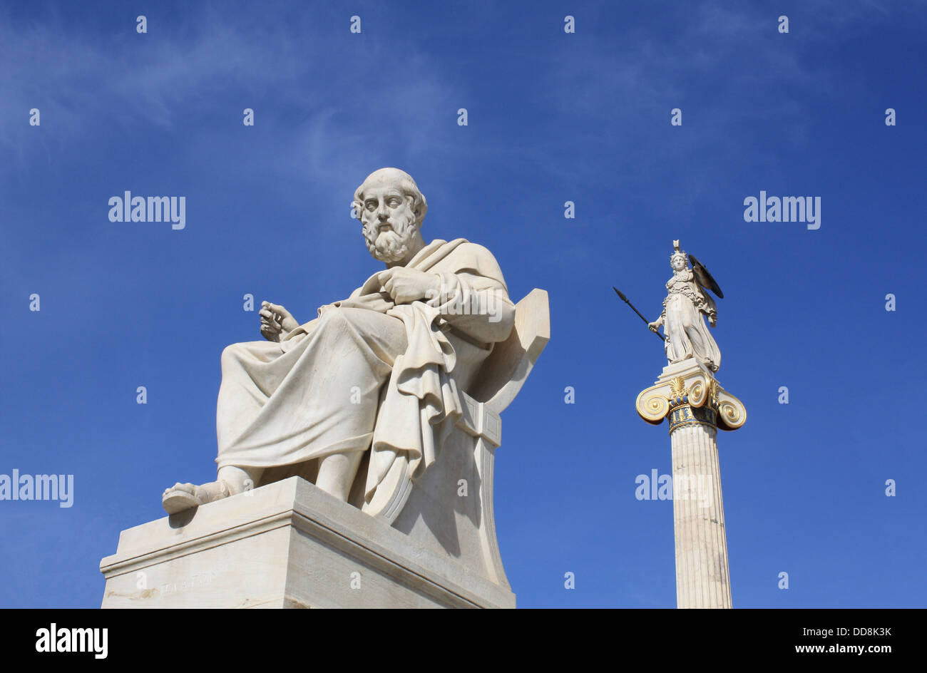 Statues of Plato and Athena in Athens, Greece Stock Photo