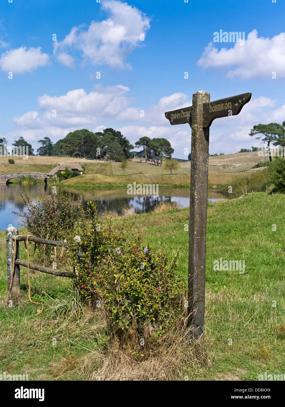 dh Lord of the Rings HOBBITON NEW ZEALAND Hobbiton Green Dragon signpost film set movie site middle earth rings Stock Photo