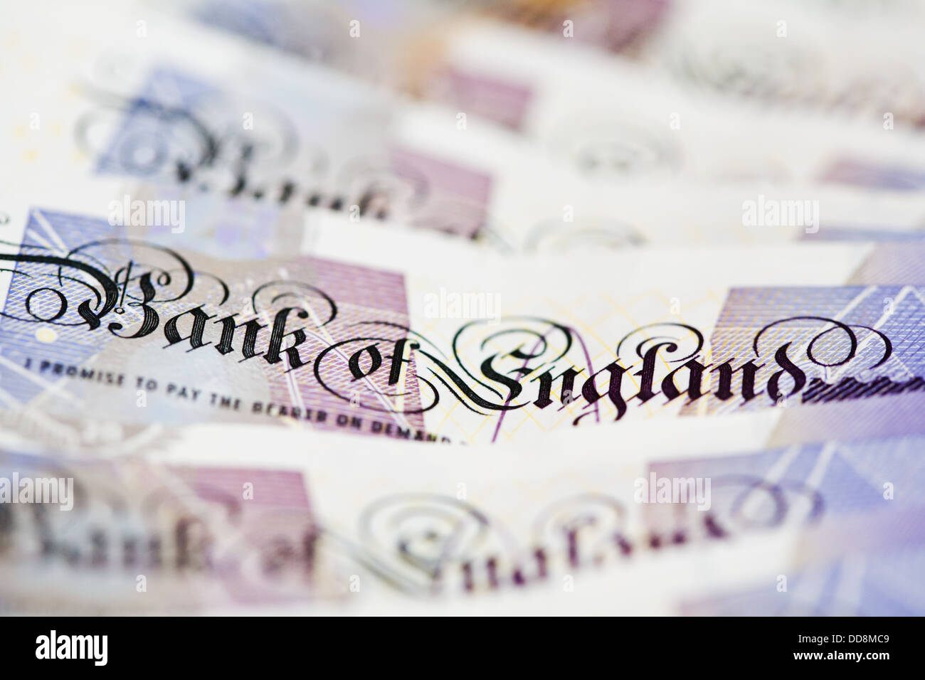 Close-up on Bank of England text on British twenty pound note, shallow depth of field. Stock Photo