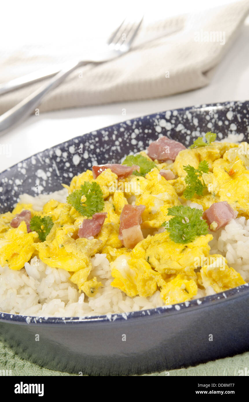 Longgrain rice with scrambled eggs in a pan Stock Photo Alamy