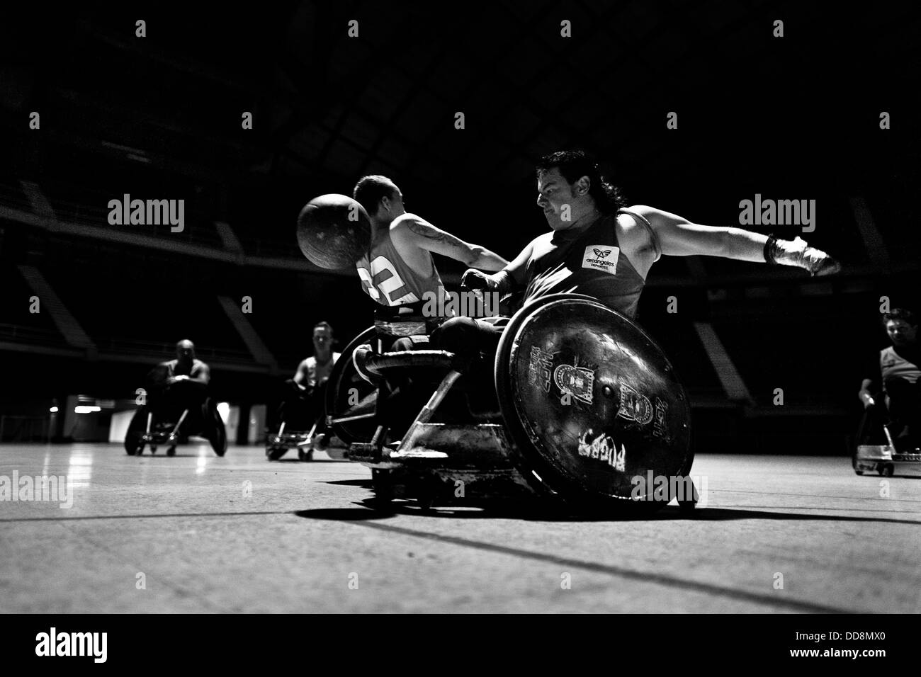 Diabled Rugby Colombian disabled athletes, fight for the ball during a wheelchair ...