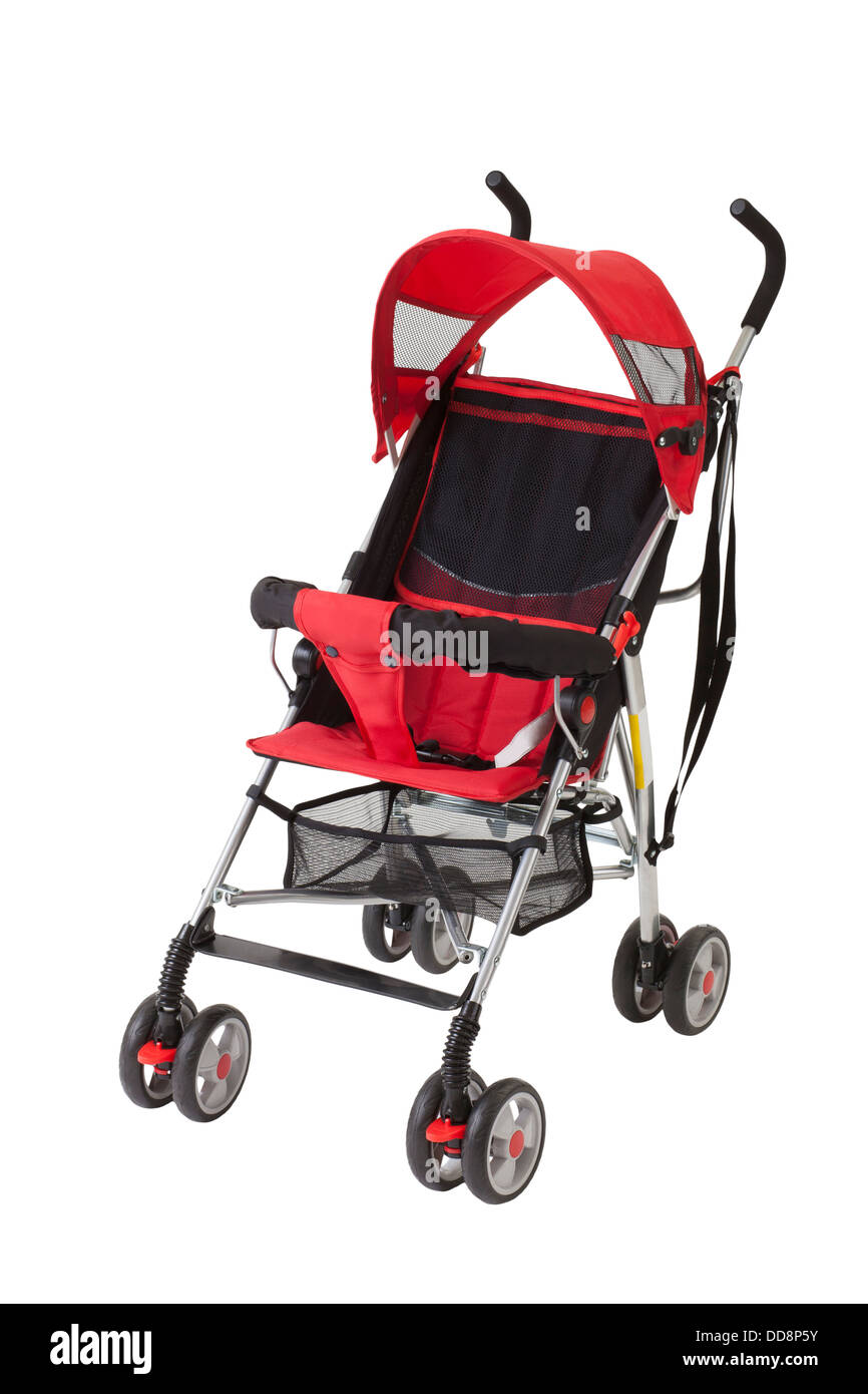 A cute red baby pram isolated on white background Stock Photo