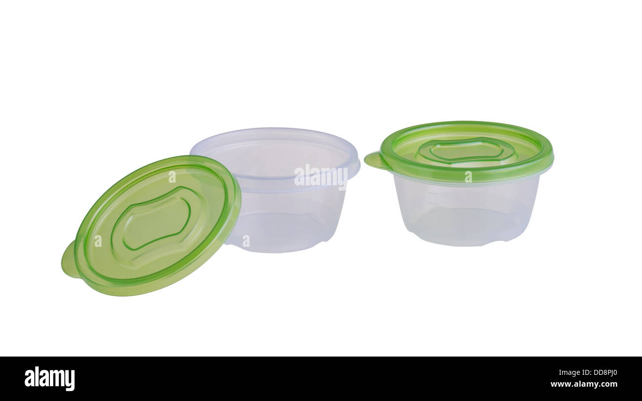 plastic boxes with green lids for food storage Stock Photo