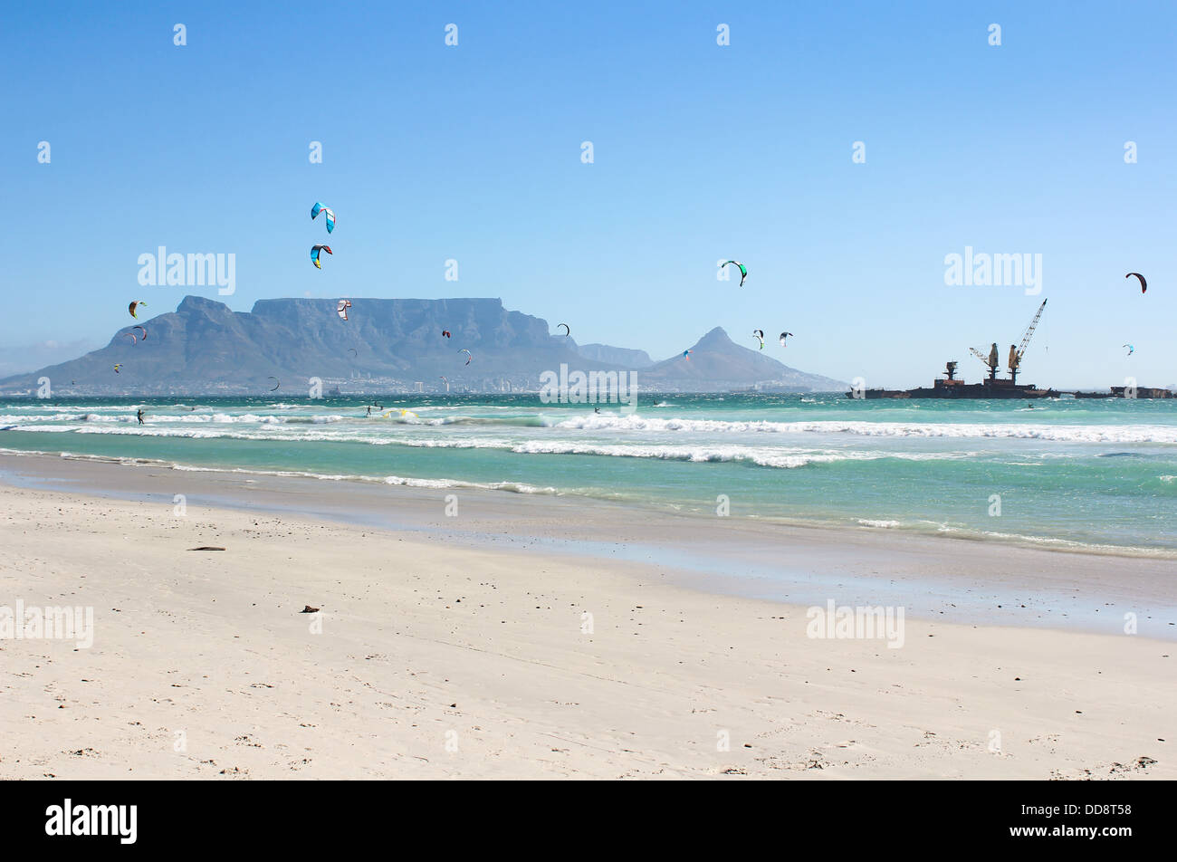 Kiteboarders at Milnerton Beach in Cape Town, South Africa Stock Photo