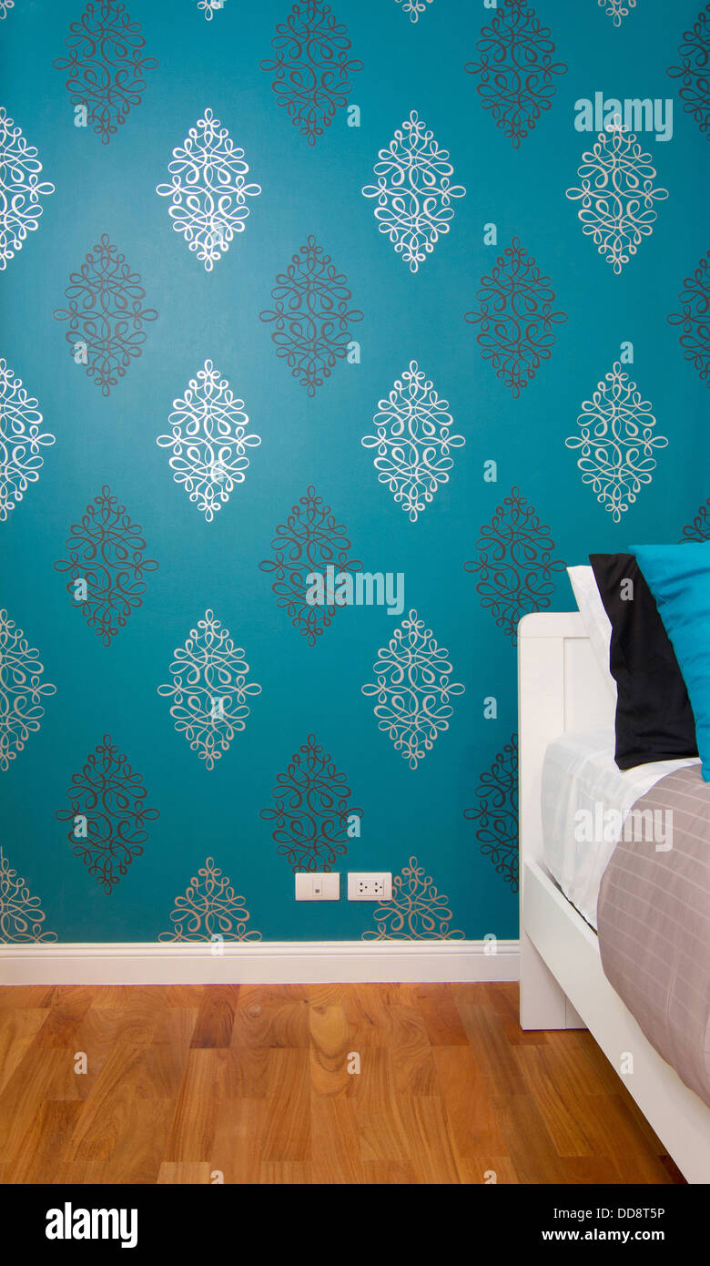 Beautiful interior bedroom with luxury blue wallpaper Stock Photo