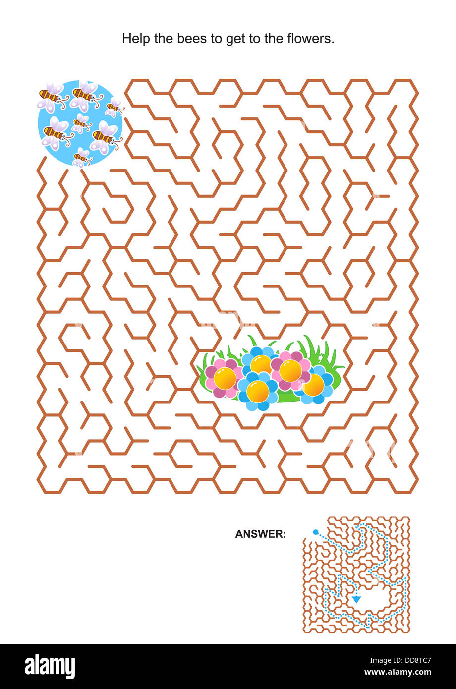 Maze game or activity page for kids: Help the bees to get to the flowers. Answer included. Stock Photo