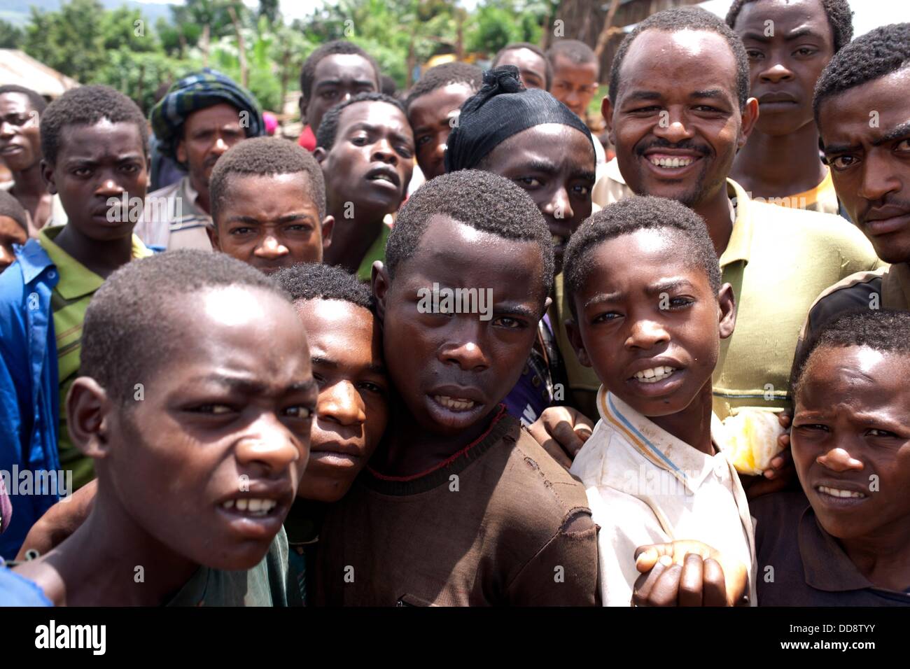 Portraits of large group of people at the market and looking into the camera, Mizan. Stock Photo