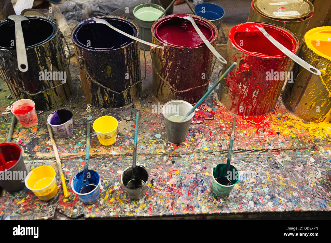 Buckets of paint in studio Stock Photo Alamy
