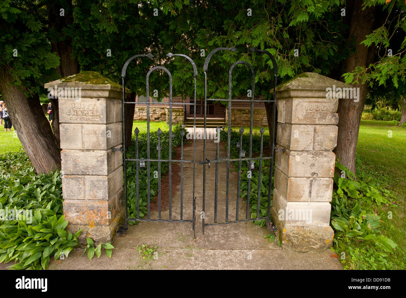 USA, Wisconsin, Spring Green, Frank Lloyd Wright compound, Taliesin, Unity Chapel Entrance Gate. Stock Photo