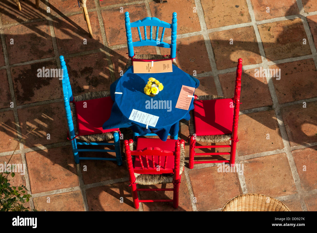 Restaurant tables and chairs, Mijas, Spain Stock Photo