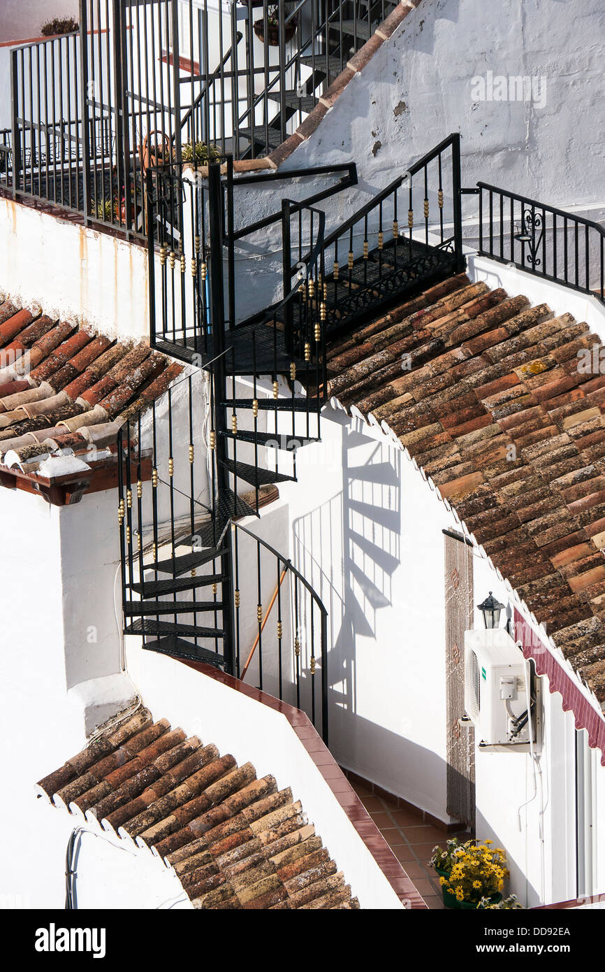 Detail spiral staircase and roofs, Mijas, Andalucia, Spain Stock Photo