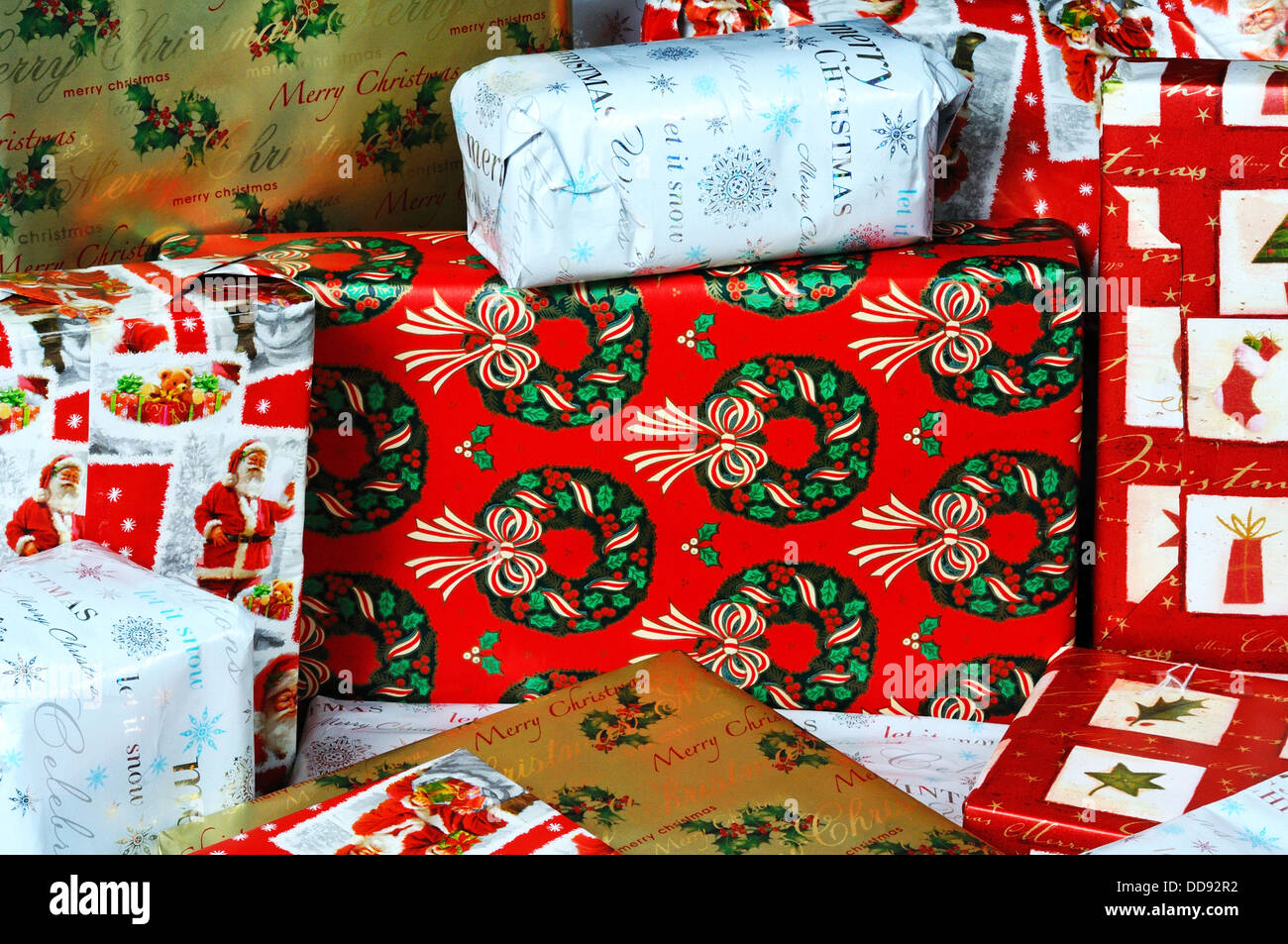 Gift wrapped Christmas presents, UK, Western Europe. Stock Photo