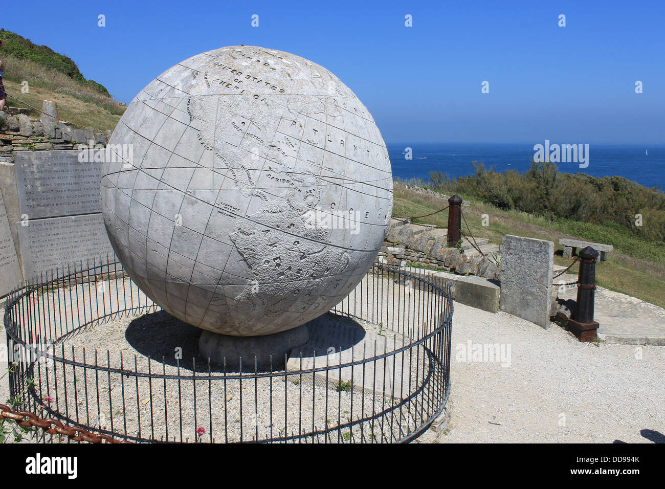 The Globe, an enormous stone-carved globe, at Durlston Head, Durlston Country Park, Dorset, UK on the South West Coast Path Stock Photo