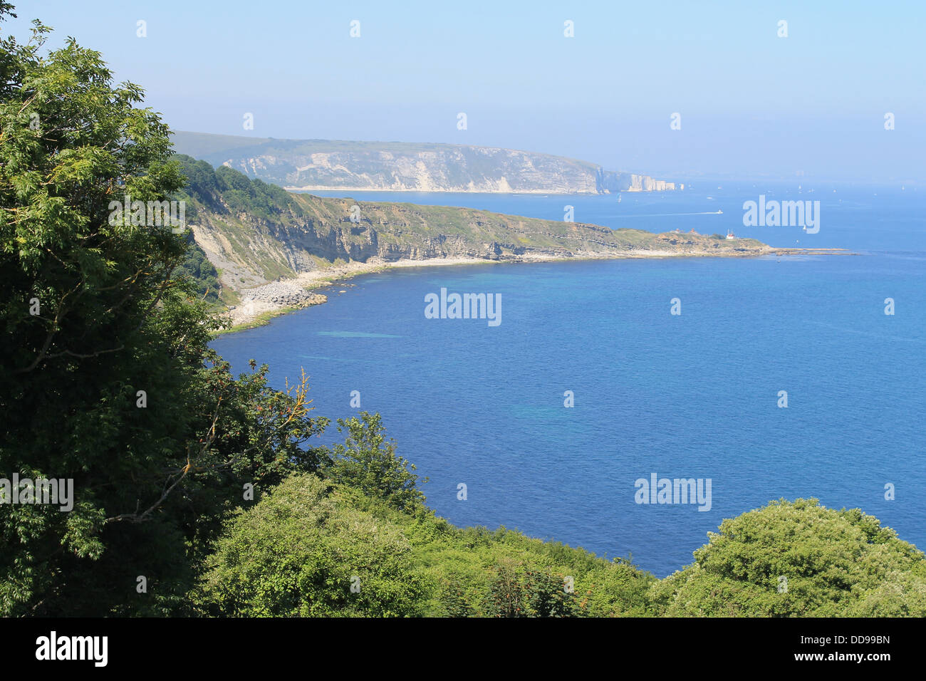 Coastal view of chalk cliffs northwards from Durlston Head, Dorset, UK, towards Swanage taken from the South West Coast path Stock Photo