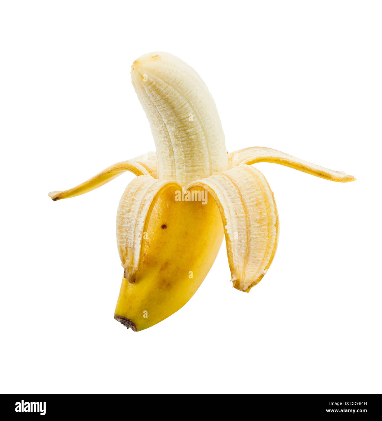 small lunch box sized banana peeled and isolated on a white background Stock Photo