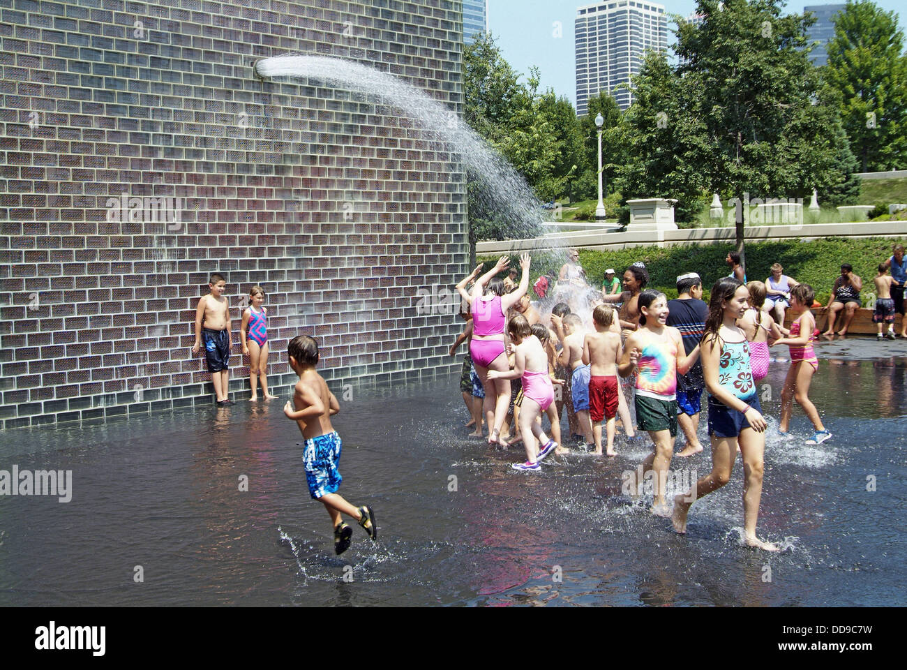 Water fountains at Millennium Park in downtown Chicago provide a fun