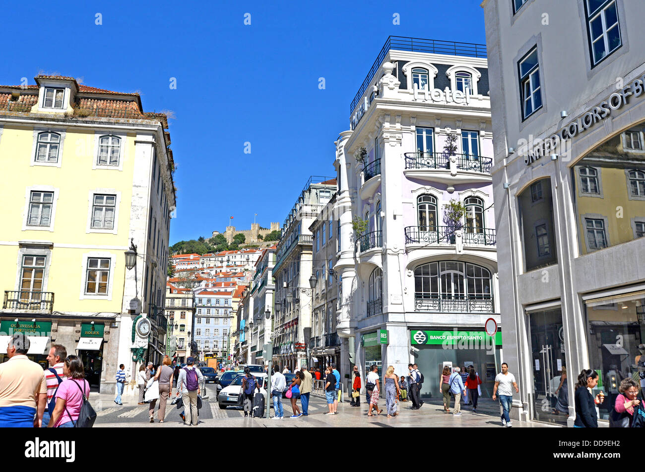 crowd in commercial street, Praça Dom Pedro IV, Lisbon Portugal Stock Photo