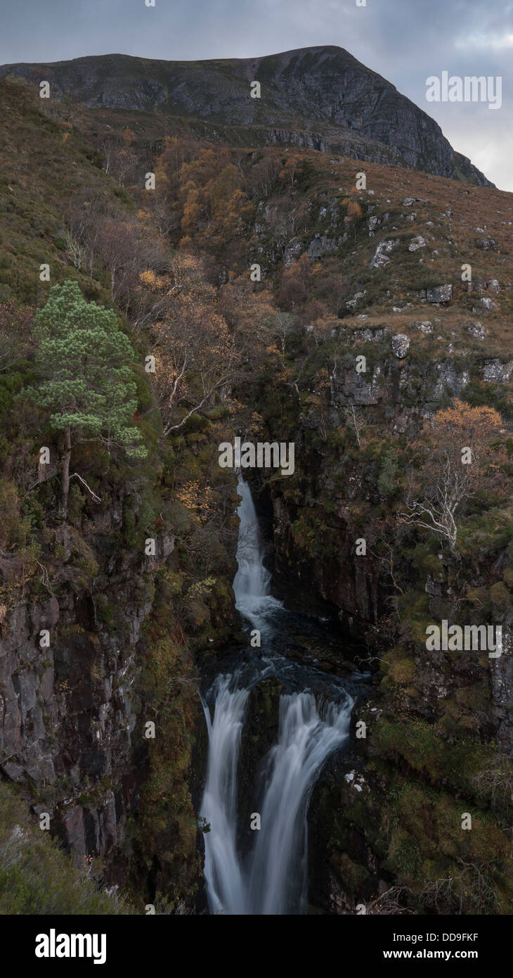 View of Ardessie waterfalls and the mountain Sail Mhor, Dundonnell, North West Highlands, Scotland, UK Stock Photo