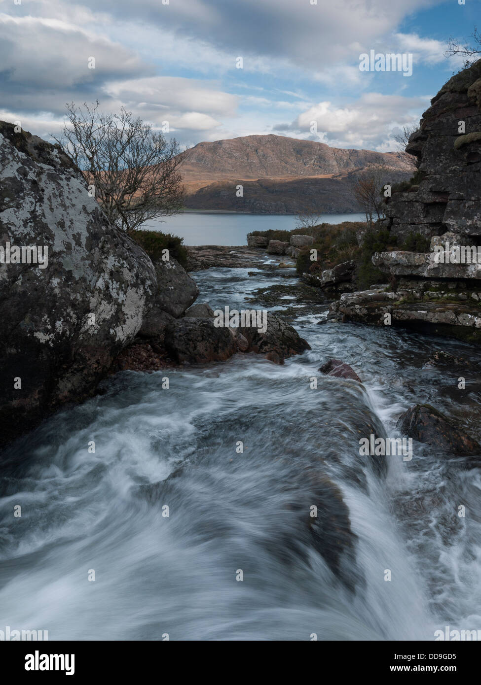 View north from the waterfalls at Ardessie, Dundonnell, North West Highlands, Scotland, UK Stock Photo