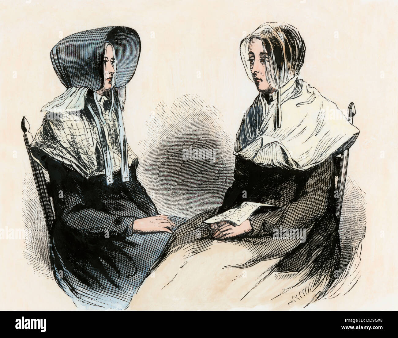 Shaker sisters in everyday dress, New Lebanon, New York, 1850s. Hand-colored woodcut Stock Photo