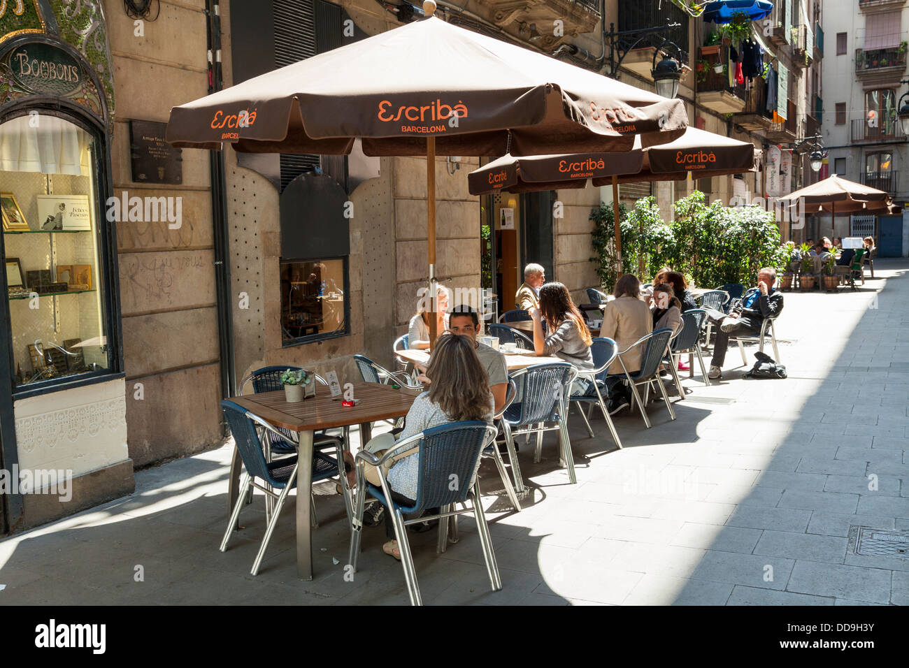 street cafe with umbrellas in Barcelona Stock Photo Alamy