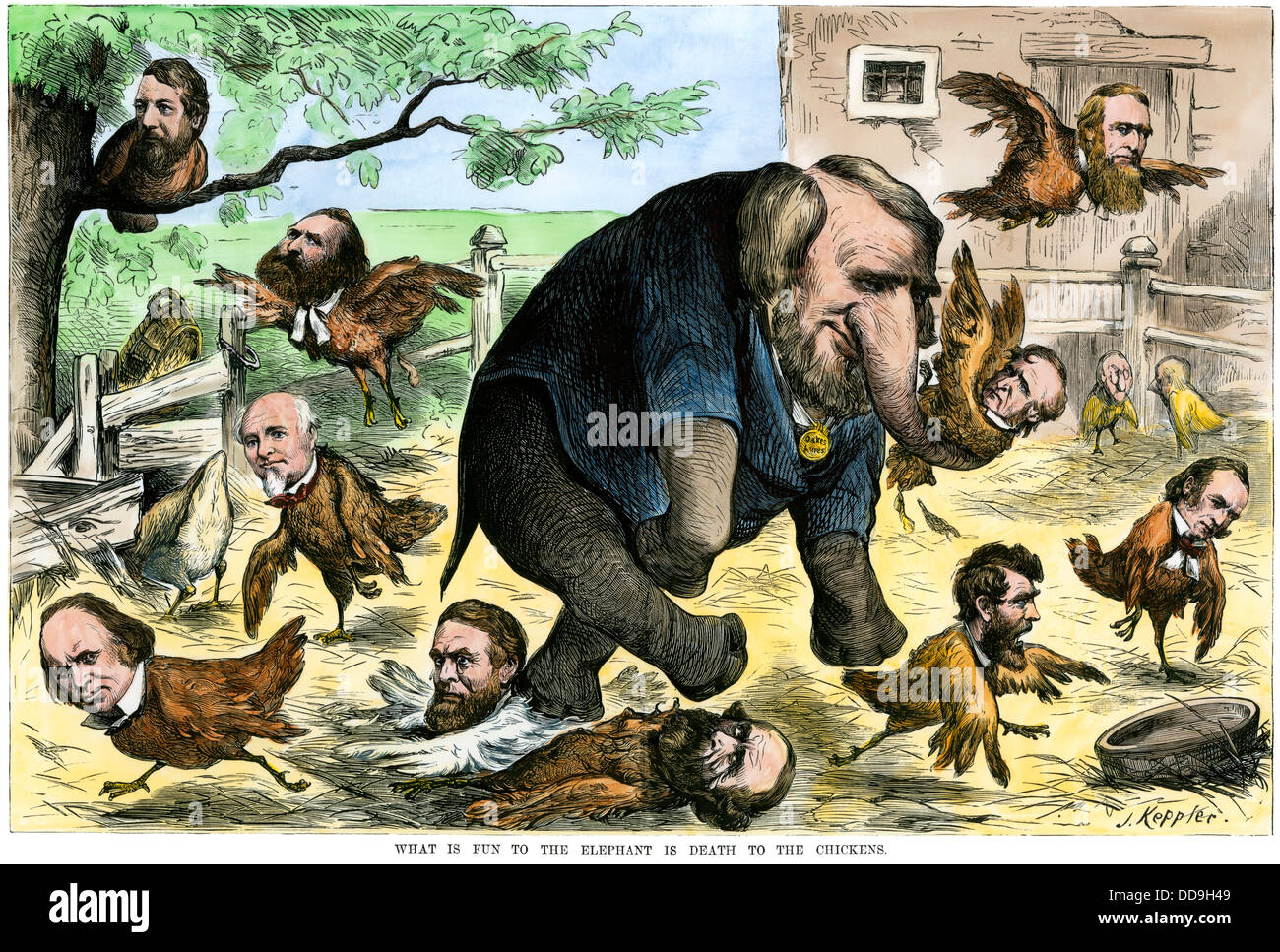 What is fun to the elephant is death to the chickens, a Credit Mobilier cartoon of 1873. Hand-colored woodcut Stock Photo
