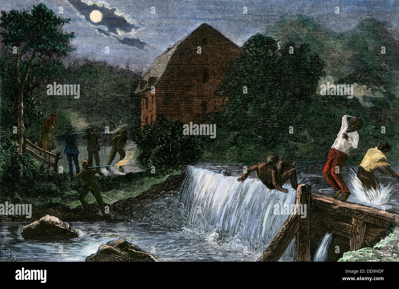 Ku Klux Klan members shooting black people under cover of darkness, US South, 1870s. Hand-colored woodcut Stock Photo