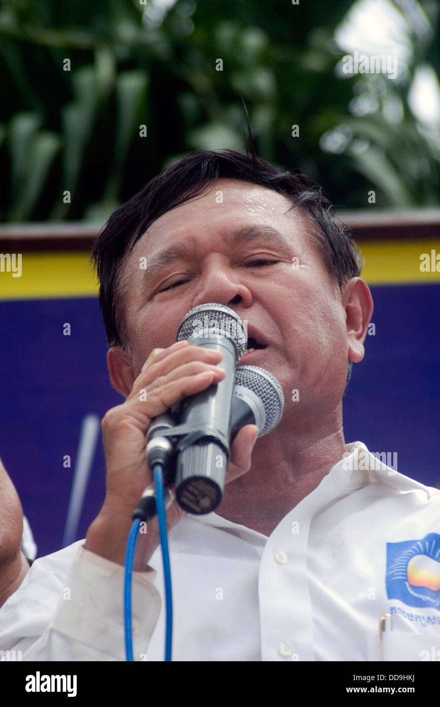 Opposition party VP Kem Sokha of the CNRP is giving a speech during an election campaign rally in Kampong Cham, Cambodia. Stock Photo