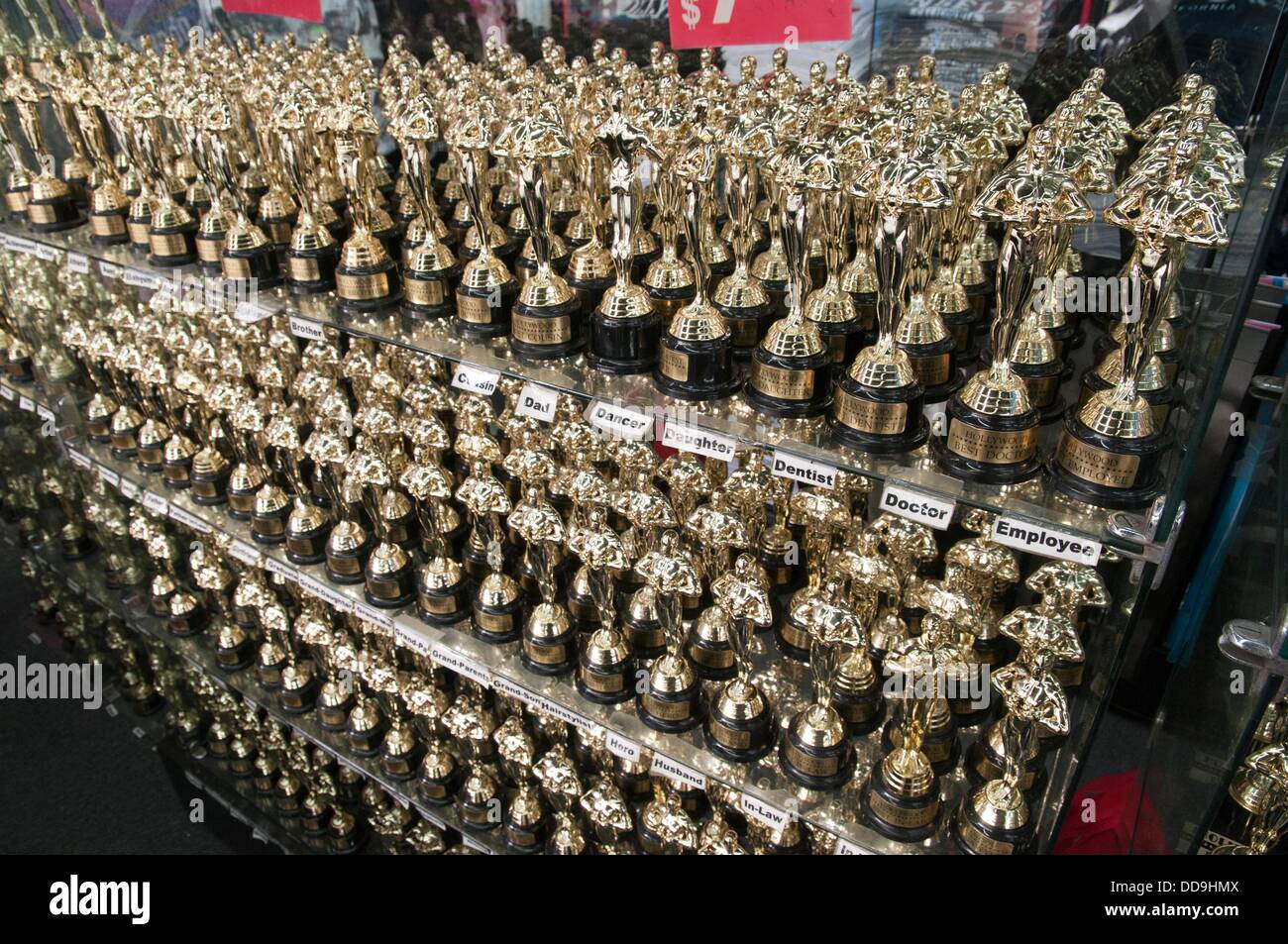 Miniature toy replicas of the Oscar awards statues in a tourist shop