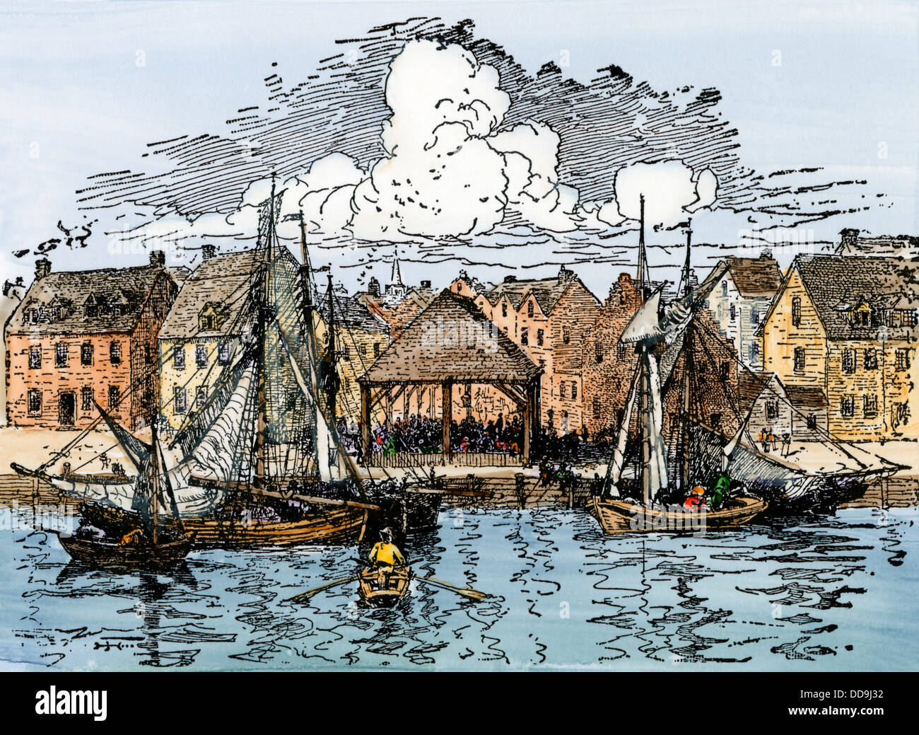 Slave-market on the New York City waterfront, 1600s. Hand-colored woodcut Stock Photo