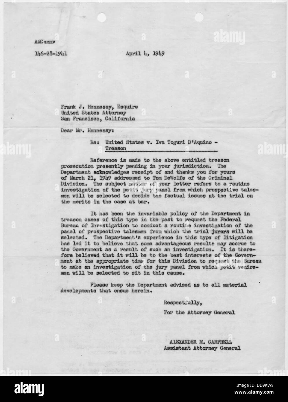 Letter from Alexander M. Campbell, Assistant Attorney General, to Frank J. Hennessy, U.S. Attorney for the Northern... - - 296668 Stock Photo