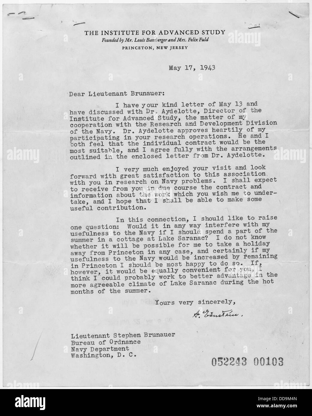 Letter of Albert Einstein to the Lieutenant Stephen Brunauer, U.S. Navy  Bureau of Ordnance. - - 305247 Stock Photo - Alamy