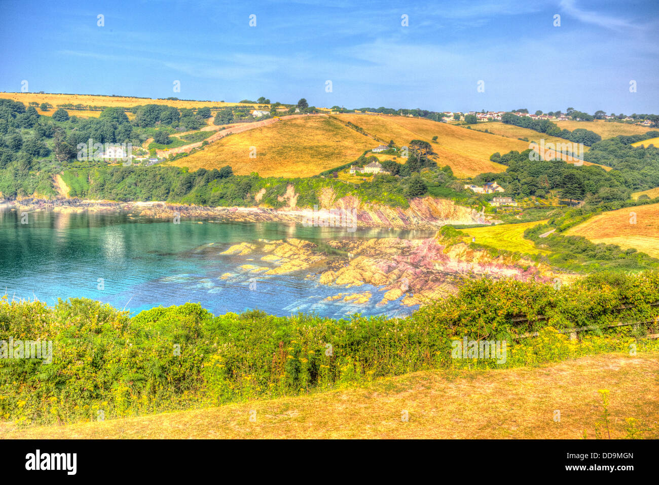 Cornish Cove and countryside Talland Bay Cornwall in vivid colour in HDR with blue sea and sky Stock Photo