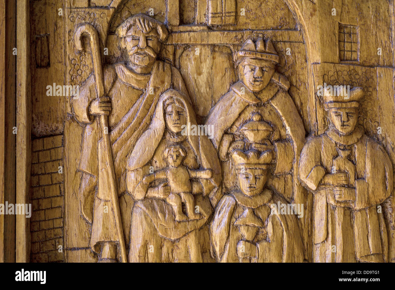 Religious scene carved in the wood of the doors of the Church of San Pietro e Paolo, Pescasseroli. L´Aquila, Abruzzo, Italy Stock Photo