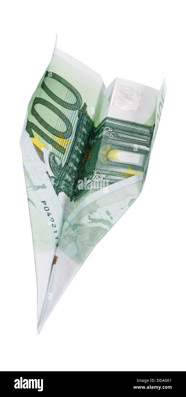 Paper plane made up of100 euro note, close up Stock Photo