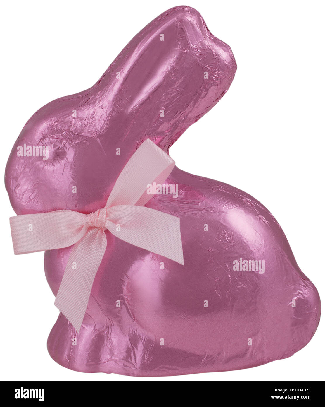 Pink chocolate easter bunny on white background, close up Stock Photo