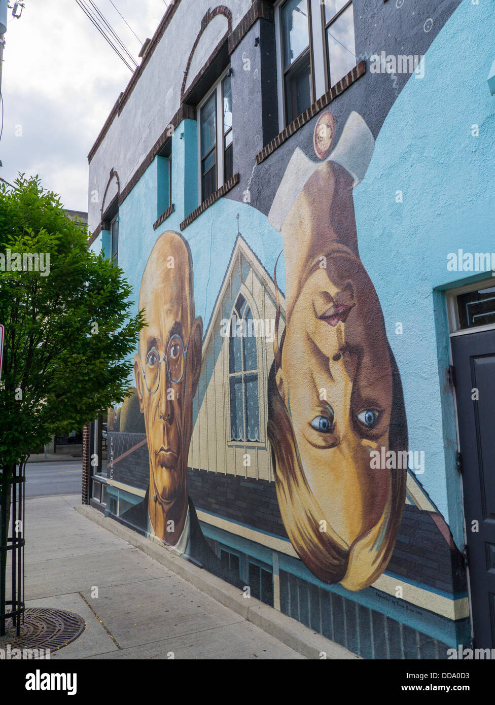 Grant Woods American Gothic mural painted on building in Short North area of Columbus Ohio United States Stock Photo