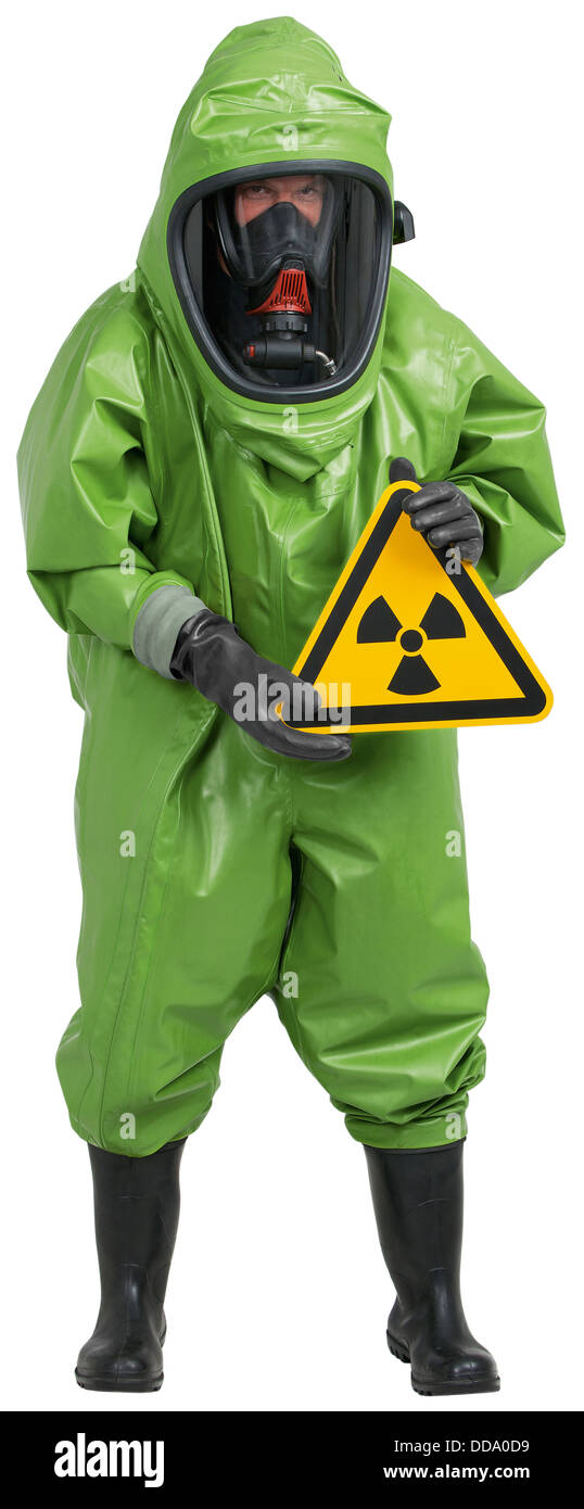 Mature man in green protective suit with holding hazard symbol Stock Photo