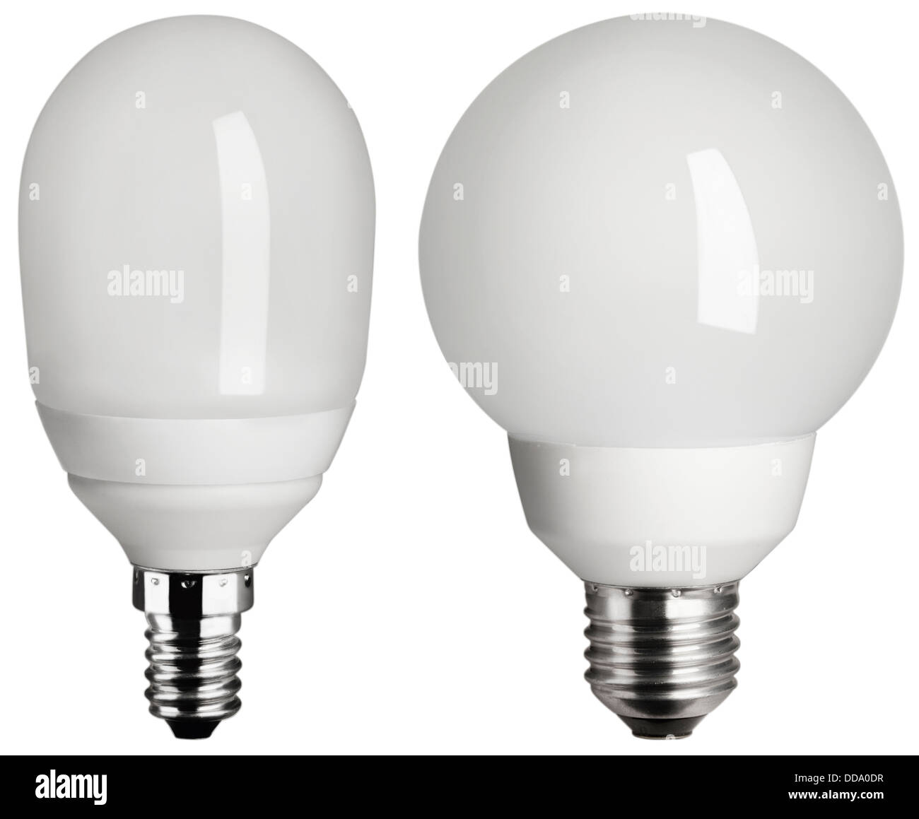 Energy Efficient Lightbulbs against white background, close up Stock Photo