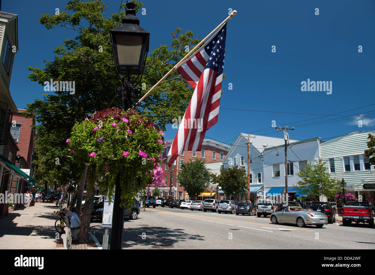 UNITED STATES FLAG MAIN STREET SAG HARBOR LONG ISLAND NEW YORK USA Stock Photo