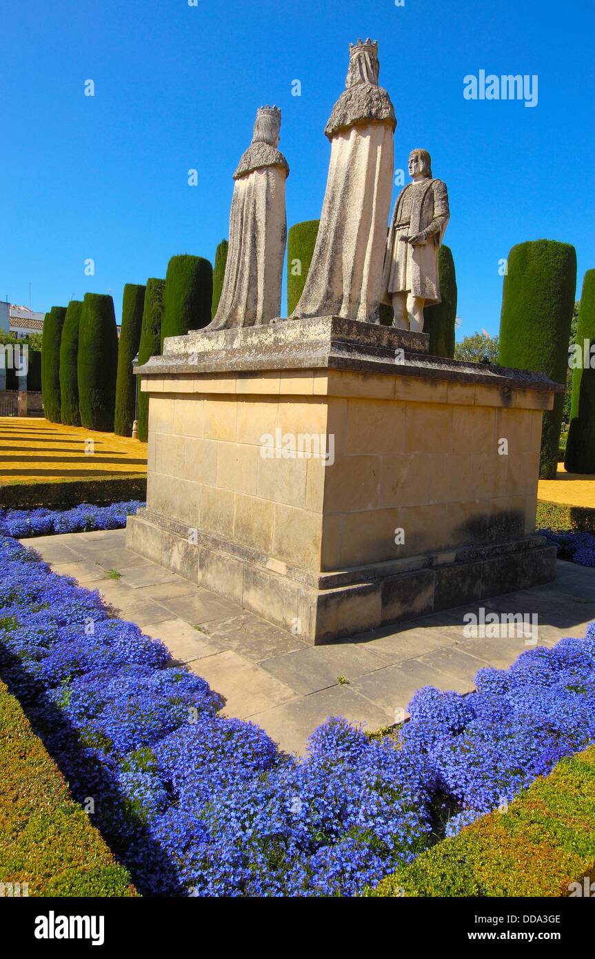 Statues of the Catholic Monarchs (Queen Isabella I of Castile and King Ferdinand II of Aragon) and Christopher Columbus in the Stock Photo