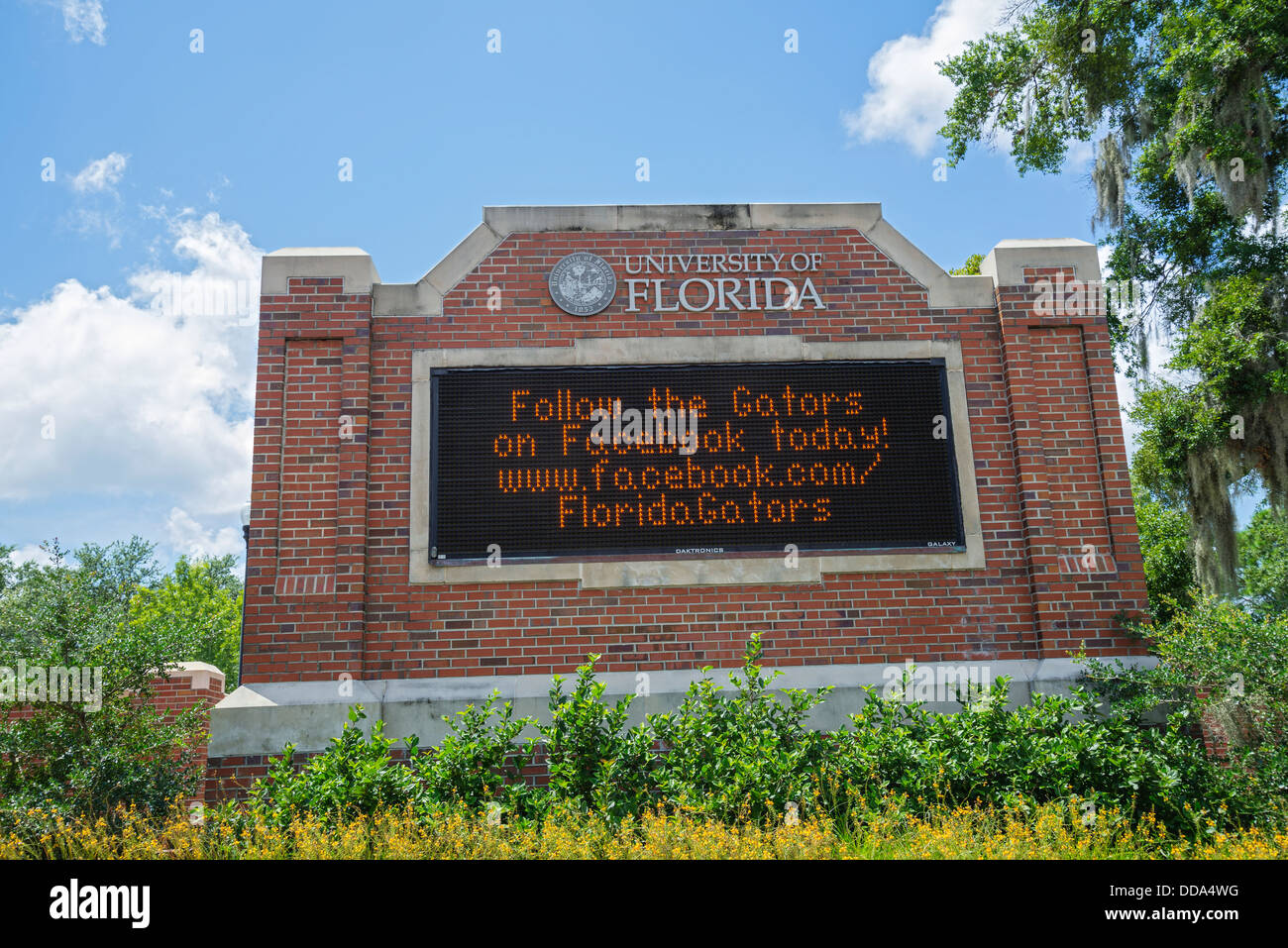 Electronic sign at the entrance of the University of Florida campus in Gainesville. Stock Photo