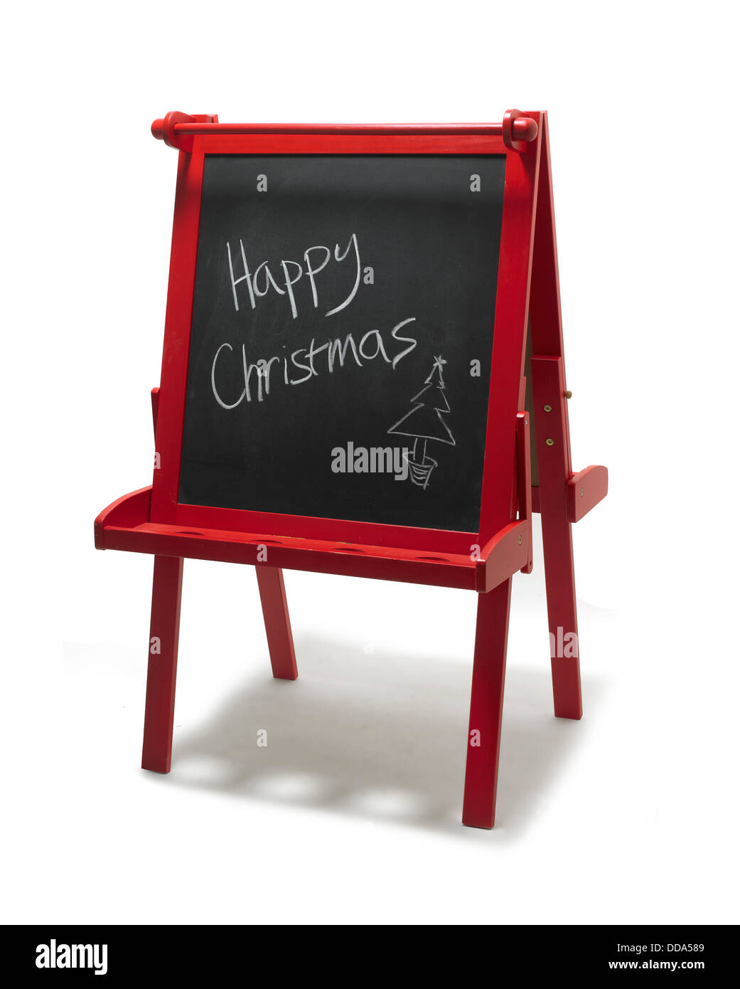 Chalkboard with 'Happy Christmas' written on, cut out on white background Stock Photo