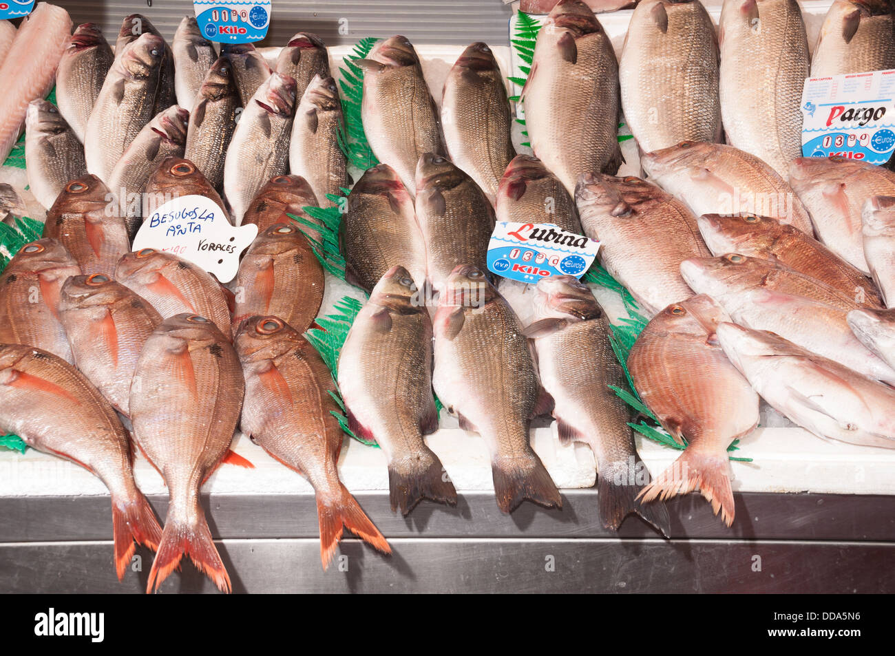 Various types of fesh fish for sale in the market of alaga, Spain Stock Photo