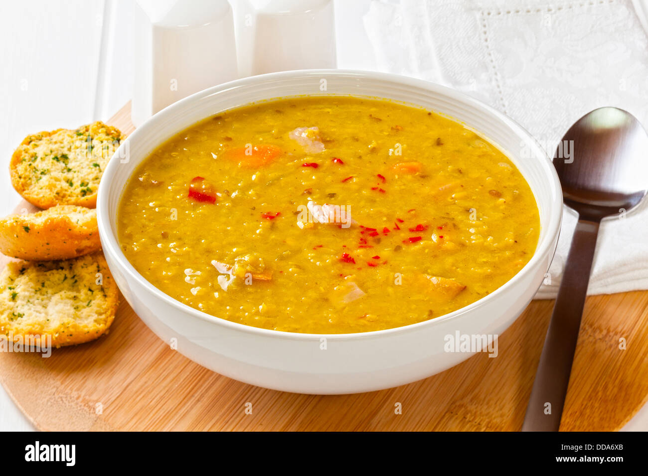 Lentil Soup with bacon Stock Photo