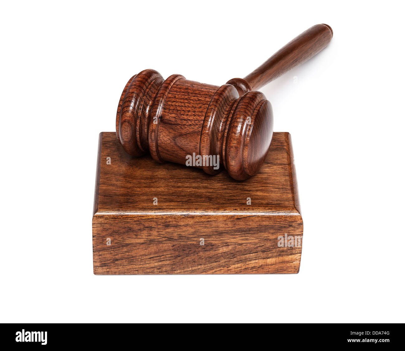 Gavel and sound block on white background with soft natural shadow. Front to back focus. Stock Photo