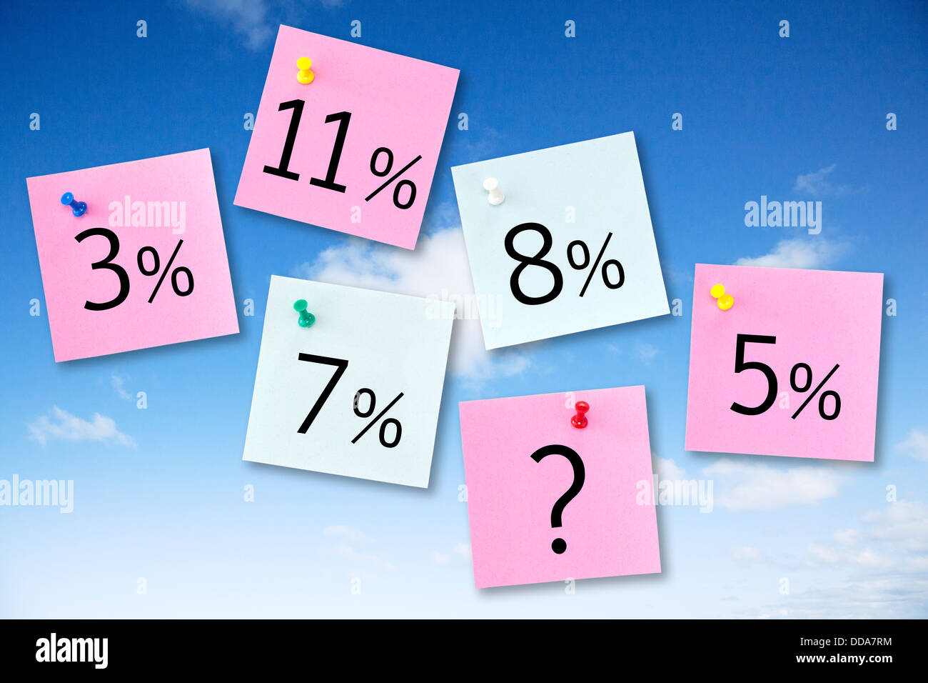 Interest Rates Concept - Notes on sky showing various interest or mortgage rates, and one with a question mark... Stock Photo