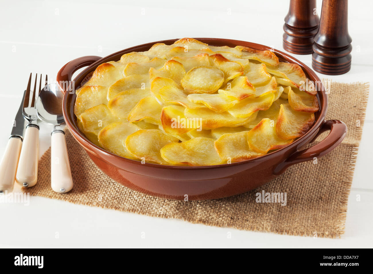 Lancashire Hotpot - regional speciality Lancashire Hot Pot, lamb and vegetables topped with sliced potatoes and oven baked... Stock Photo