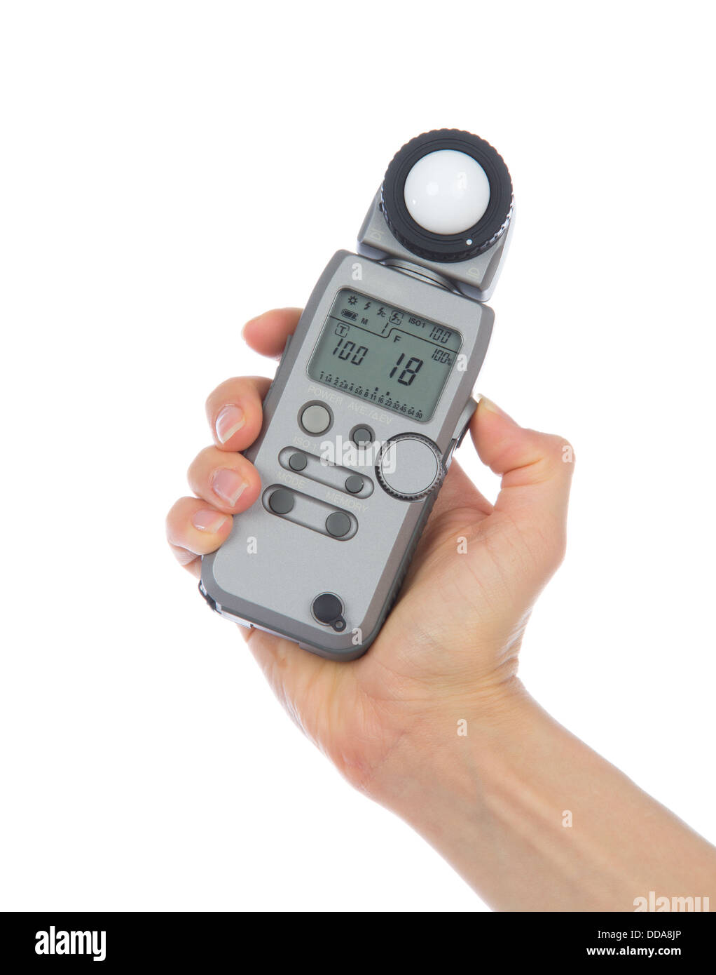 Light flash meter in hand isolated on a white background Stock Photo